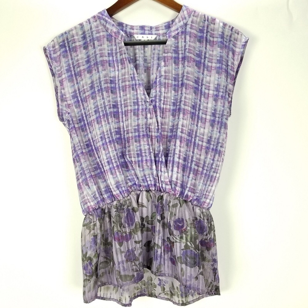 CAbi Top Size S Style #731 Sheer Purple Plaid Striped Eva Sleeveless‎ Blouse